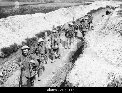 A wiring party of The King's Liverpool Regiment, 55th Division, moving along a communication trench leading to the front line near to Blairville Wood, Wailly, 16th April 1916. Stock Photo