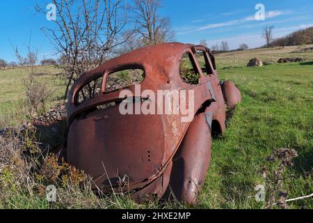 Derelict and rusty antique Vintage Car in a Farm Field on a Sunny Day Stock Photo