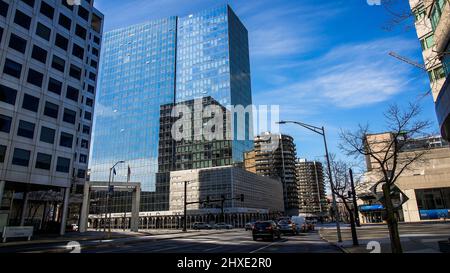STAMFORD, CT, USA - MARCH 11, 2022: Modern architecture with street view near Atlantic Street in nice sunny day with blue sky Stock Photo