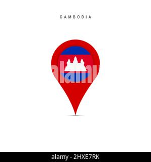 Teardrop map marker with flag of Cambodia. Cambodian flag inserted in the location map pin. Flat vector illustration isolated on white background. Stock Vector
