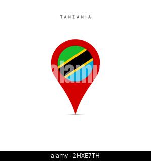 Teardrop map marker with flag of Tanzania. Tanzanian flag inserted in the location map pin. Flat vector illustration isolated on white background. Stock Vector