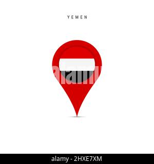 Teardrop map marker with flag of Yemen. Yemeni flag inserted in the location map pin. Flat vector illustration isolated on white background. Stock Vector