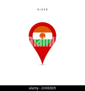 Teardrop map marker with flag of Niger. Nigerian flag inserted in the location map pin. Flat vector illustration isolated on white background. Stock Vector