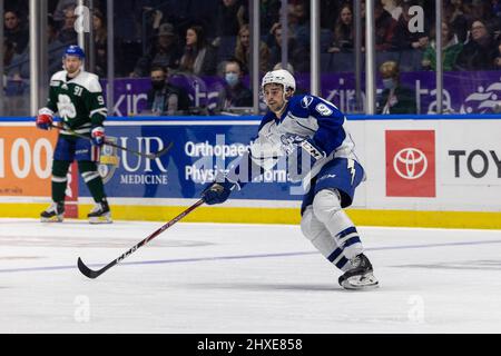 March 11, 2022: Syracuse Crunch forward Gabriel Fortier (9) skates though the neutral zone in a game agains the Rochester Americans. The Rochester Americans hosted the Syracuse Crunch on Irish Night in an American Hockey League game at the Blue Cross Arena in Rochester, New York. (Jonathan Tenca/CSM) Stock Photo