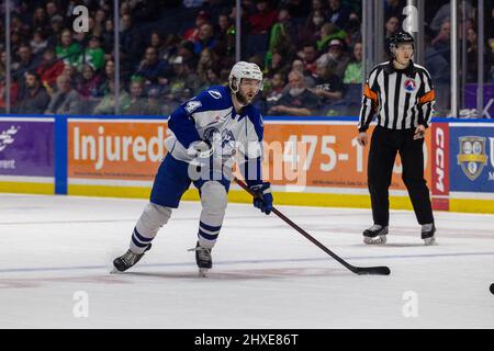 March 11, 2022: Syracuse Crunch defenseman Sean Day (74) looks to make a pass in the first period against the Rochester Americans. The Rochester Americans hosted the Syracuse Crunch on Irish Night in an American Hockey League game at the Blue Cross Arena in Rochester, New York. (Jonathan Tenca/CSM) Stock Photo