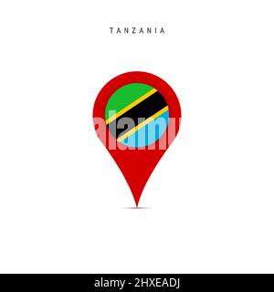 Teardrop map marker with flag of Tanzania. Tanzanian flag inserted in the location map pin. Flat vector illustration isolated on white background. Stock Vector