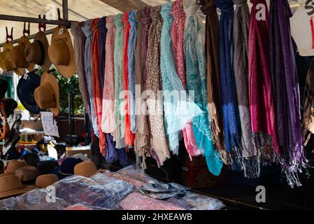 Scarf stall at a street market on a market square in Hoofddorp The Netherlands Stock Photo