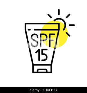 Sunscreen SPF 15 protective lotion tube to prevent ageing and skin cancer. Pixel perfect, editable stroke Stock Vector