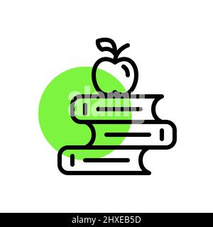 School and university icon. Stack of books with apple on top. Pixel perfect, editable stroke fun color Stock Vector