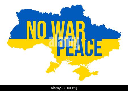 Ukraine Map with No War Peace Typography. Pray for Ukraine. Stop War. Russian Invasion in Ukraine Vector Illustration. Stock Photo