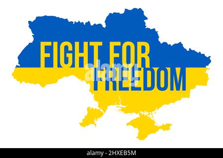 Ukraine Map with Fight For Freedom Typography. Pray for Ukraine. Stop War. Russian Invasion in Ukraine Vector Illustration. Stock Photo