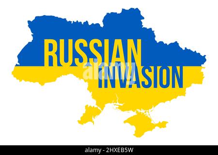 Ukraine Map with Russian Invasion Typography. Pray for Ukraine. Stop War. Russian Invasion in Ukraine Vector Illustration. Stock Photo