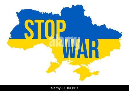 Ukraine Map with Stop War Typography. Pray for Ukraine. Stop War. Russian Invasion in Ukraine Vector Illustration. Stock Photo