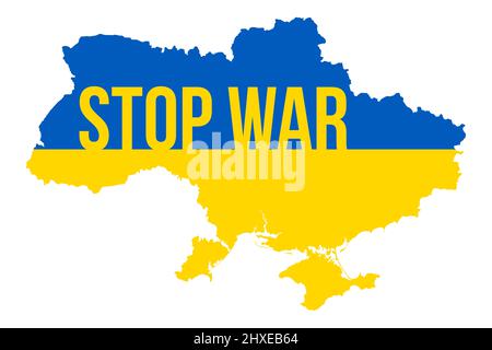 Ukraine Map with Stop War Typography. Pray for Ukraine. Stop War. Russian Invasion in Ukraine Vector Illustration. Stock Photo