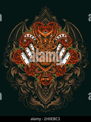 illustration gorilla samurai with vintage rose flower Stock Vector