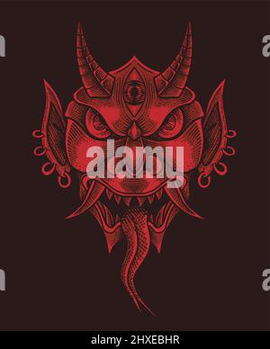 illustration red oni mask on black background Stock Vector