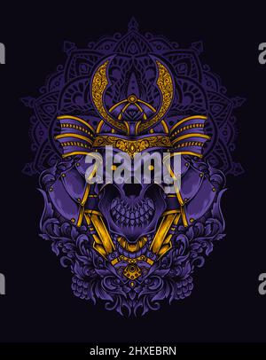 illustration vector samurai skull head with engraving ornament Stock Vector