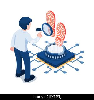 Flat 3d Isometric Businessman Analyze Digital Footprint. Digital Footprint Concept. Stock Vector