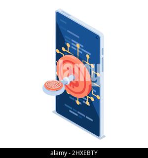 Flat 3d Isometric Bitcoin with Private Key and Fingerprint Scan. Private Key and Cyber Security Concept. Stock Vector