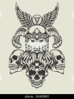 illustration vintage viking head skull Stock Vector