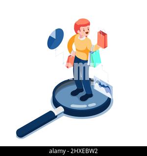 Customer Behavior Analysis Concept. Flat 3d Isometric Woman with Shopping Bag Standing on Magnifying Glass. Stock Vector
