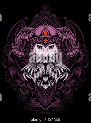 illustration viking head with vintage engraving ornament Stock Vector