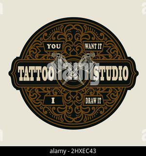 Vintage Tattoo studio logo with floral ornament style Stock Vector