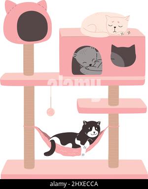 The cats are resting in the cat tower. Cat tree with a scratching post and a house where kittens sleep. Luxurious pink animal house. Flat vector illustration of pet furniture isolated on white. Stock Vector