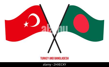 Turkey and Bangladesh Flags Crossed And Waving Flat Style. Official Proportion. Correct Colors. Stock Photo