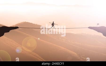 Businessman Balancing On Rope Between two Maintains Cliff At Sunset. Business Man Challenge, Goal Achievement, risk and Ambition Stock Photo