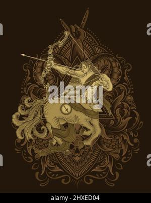 Illustration horsesman sagittarius with vintage engraving ornament Stock Vector