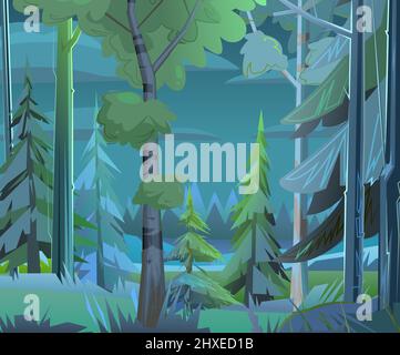 Birch. Night landscape with trees and fir trees. Coniferous forest at dusk. Dark summer scene. Illustration in cartoon style flat design. Vector. Stock Vector