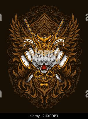 illustration cat samurai head with vintage engraving ornament Stock Vector