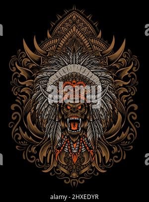illustration vector gorilla head with engraving ornament style Stock Vector