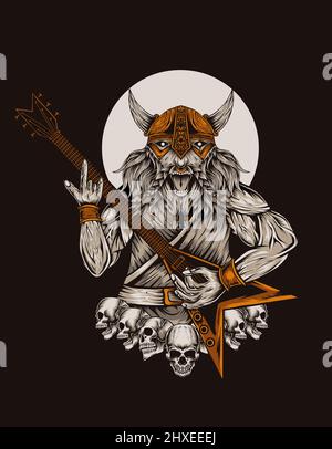 illustration vector baddas viking guitarist on black background Stock Vector