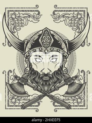 illustration viking head with two ax monochrome style Stock Vector