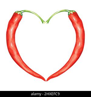 Hot pepper heart. Watercolor illustration. Isolated on a white background. For your design. Suitable for cookbooks, recipes, aprons. Stock Photo