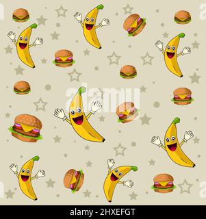 cute banana with burger seamless pattern Stock Vector
