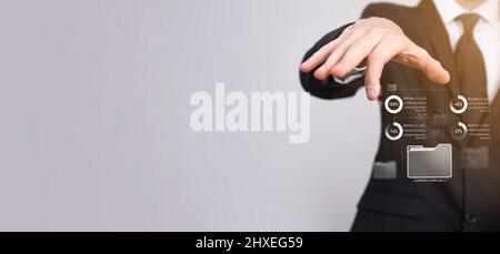 Business developer hand using board framework on virtual modern computer showing innovation Agile software development lean project management tool fa Stock Photo