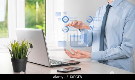 Business developer hand using board framework on virtual modern computer showing innovation Agile software development lean project management tool fa Stock Photo