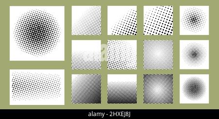 Set of Halftone effect spotted dot pattern collection in linear and radial gradient for background decoration. Vector illustration