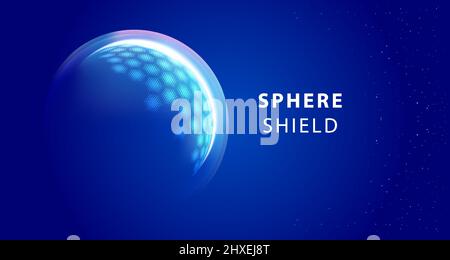 Modern tech futuristic of bubble dome shield sphere with hexagon halftone pattern grid elements on dark blue background. Vector illustration Stock Vector