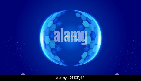 Modern tech futuristic of bubble dome shield sphere with hexagon halftone pattern grid elements on dark blue background. Vector illustration Stock Vector