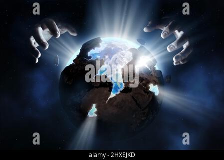 God rebuilding the old sickly earth into a new healthy world. God healing the earth conceptual theme Stock Photo