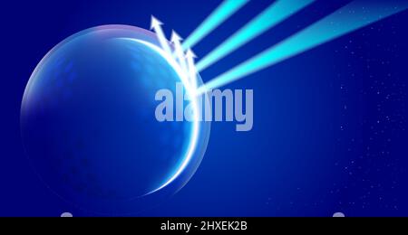 Modern tech futuristic of bubble dome shield sphere with hexagon halftone pattern grid elements and shining arrow on dark blue background. Vector illu Stock Vector