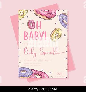 Baby shower donut invitation for girl. Sweet template in pastel pink. Stock Vector