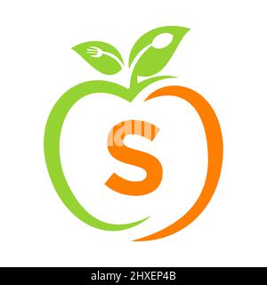Healthy Food Logo On Letter S, Apple Health Care Vector Template. Apple Logo Template With S Letter Fork, Spoon Concept Restaurant Sign Stock Vector