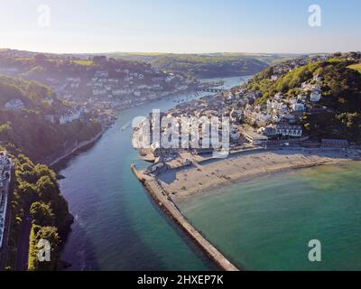Aerial drone shot of Looe, picturesque seaside village in Cornwall, South west England, United Kingdom. Stock Photo