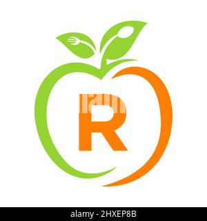 Healthy Food Logo On Letter R, Apple Health Care Vector Template. Apple Logo Template With R Letter Fork, Spoon Concept Restaurant Sign Stock Vector