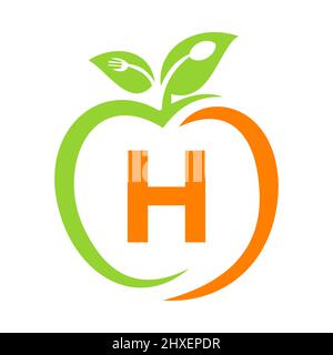 Healthy Food Logo On Letter H, Apple Health Care Vector Template. Apple Logo Template With H Letter Fork, Spoon Concept Restaurant Sign Stock Vector